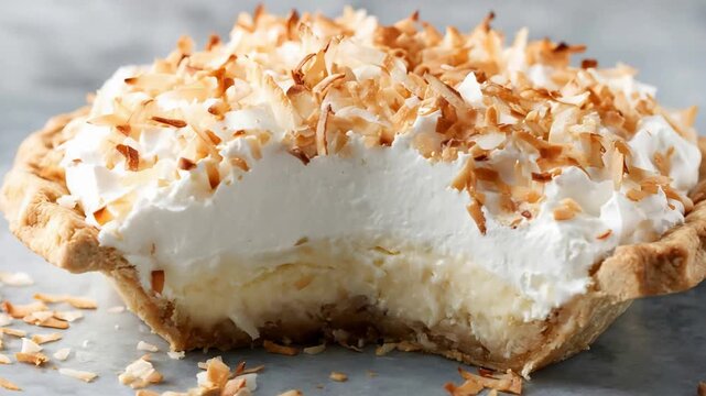 Delicious Creamy Coconut Pie Topped with Toasted Coconut Flakes.