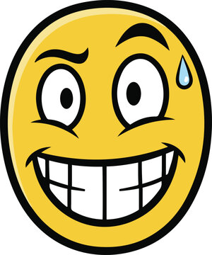 A yellow cartoon emoticon featuring a nervous expression with wide eyes, a large toothy grin, and a single drop of sweat on its forehead, conveying anxiety or awkwardness.