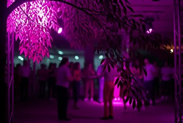 Energetic party atmosphere with vibrant magenta lighting and dancing crowd for nightlife promotion