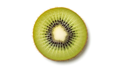 Slice of fresh green kiwi fruit with black seeds on a white background