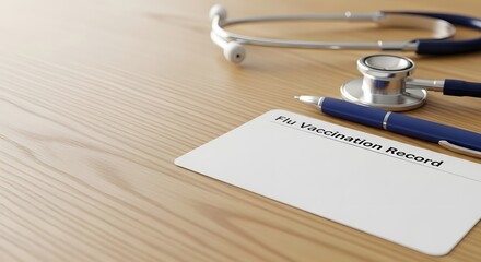 Flu vaccination record card with a stethoscope and pen on a wooden desk for public health and immunization concept