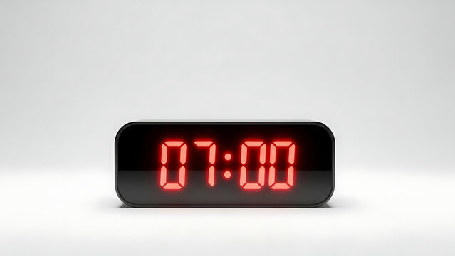 A 3D rendered digital alarm clock with a glowing red display showing seven in the morning