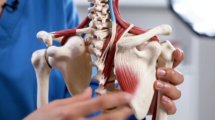 Medical Professional Explaining Shoulder Anatomy Using a Skeletal Model.