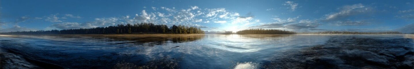 Obraz premium Stunning hdr panoramic view of tranquil lake and forest nature photography serenity