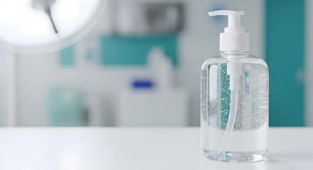 Clear hand sanitizer bottle with pump dispenser on a white surface in a medical setting for flu prevention concept and public health awareness