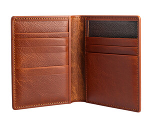 Angled Side Perspective of Brown Leather Passport Cover with Open Flap, PNG Isolated