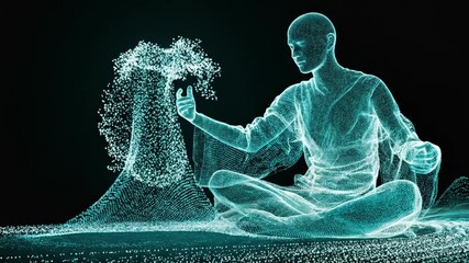 A glowing cyan wireframe figure sits cross-legged in meditation before a dark, silent backdrop. lit! - Powered by Adobe
