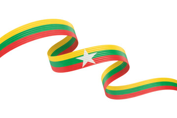 Waving Myanmar flag ribbon with star emblem for national pride, independence day celebrations, patriotic themes, and global events