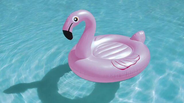 Pink inflatable flamingo floats serenely on sparkling blue swimming pool water.