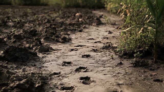 Animal Footprints Trail Through Damp Muddy Ground in Lush Greenery.