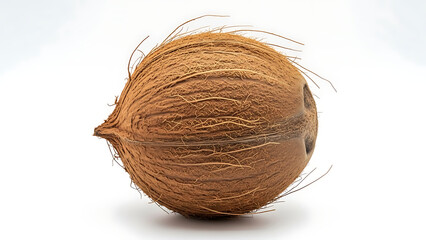A single whole brown tropical coconut with a fibrous husk isolated on a white background