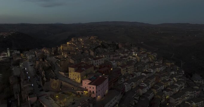 Aerial view of Calitri village at dusk, Italy.