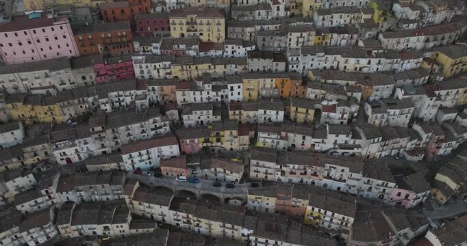 Aerial view of buildings in Calitri, Italy.