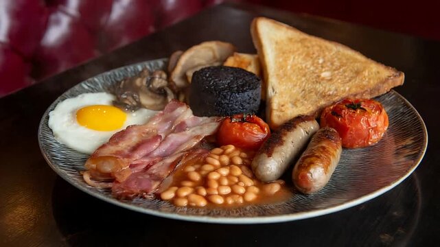 Delicious Hot Full English Breakfast Meal Ready to Eat on Plate.