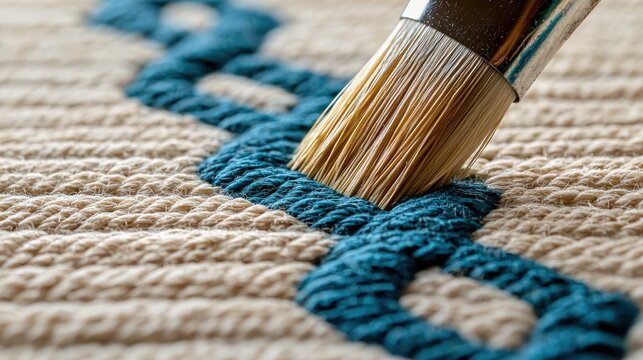 Close-up of a paintbrush applying blue paint to a beige fabric, creating a decorative design.
