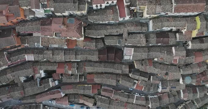 Aerial view of rooftops in Calitri, Italy.