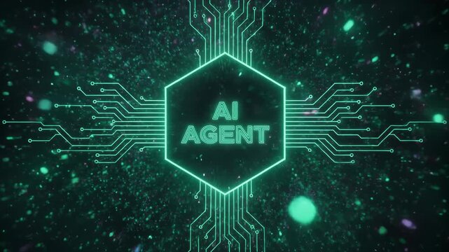 Glowing neon circuit pathways connect to a central processing hexagon labeled AI AGENT symbolizing machine learning computation and modern digital technology