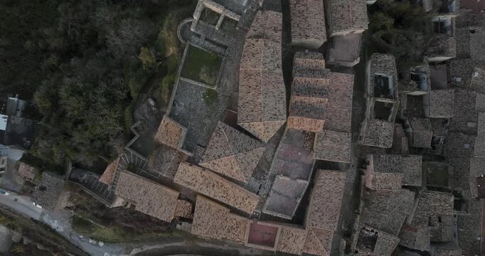 Aerial view of rooftops in Calitri, Italy.