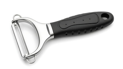 Ergonomic Y-shaped potato and vegetable peeler with a black handle on white background