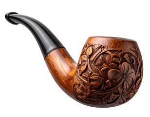 Ornate Smoking Pipe with Floral Engravings, Side Profile View, Transparent PNG