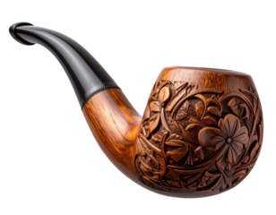 Ornate Smoking Pipe with Floral Engravings, Side Profile View, Transparent PNG