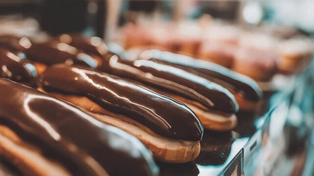 Close Up Delicious Chocolate Eclairs Displayed in a Bakery Case.