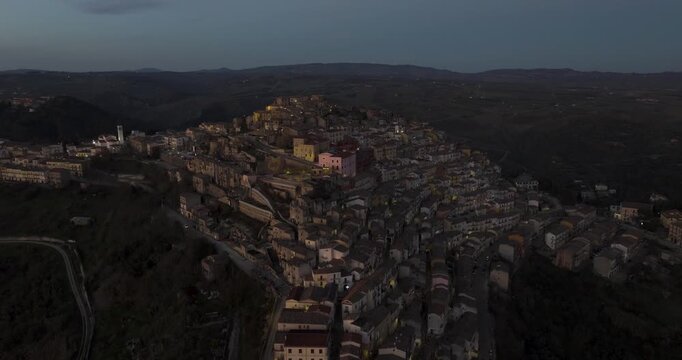 Aerial view of Calitri town at dusk, Italy.