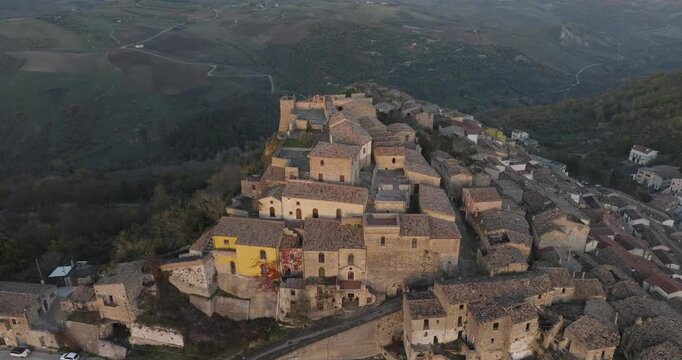 Aerial view of Calitri cityscape and fortress, Italy.