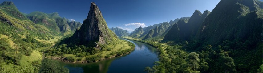Stunning hdr panorama of serene river valley nature landscape vibrant environment