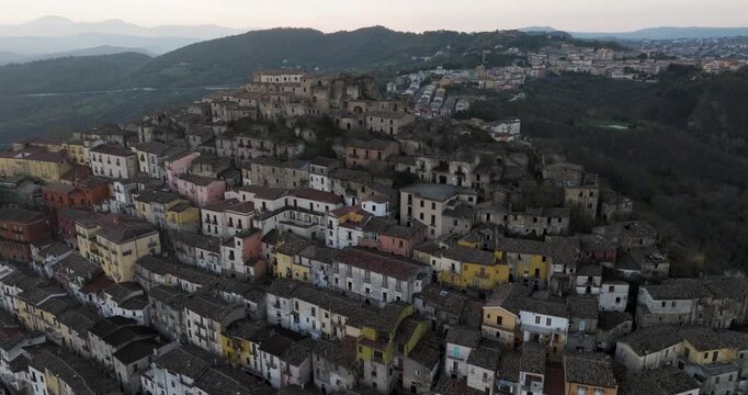 Aerial view of hillside buildings, Italy.