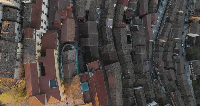 Aerial view of buildings and streets, Italy.