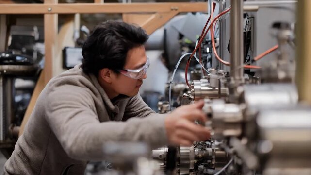 Medium shot of researcher adjusting experimental parameters in alloy property experiments emphasizing cuttingedge technology and focused observation.
