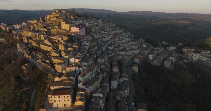 Aerial view of Calitri's hilltop architecture, Italy.