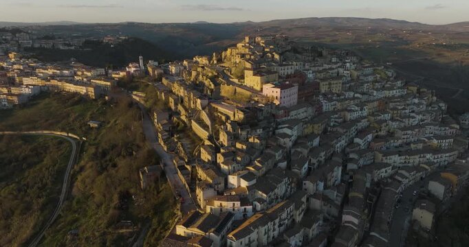 Aerial view of Calitri cityscape on a hill, Italy.