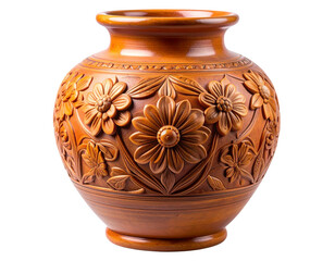 Decorative Floral Terracotta Vase Front View with Carved Pattern, Transparent PNG