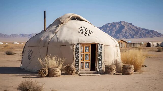 Traditional nomadic dwelling in a vast desert landscape with mountains.