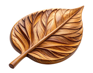 Angled Side Perspective of Handcrafted Wooden Leaf, Textured Grain, PNG Isolated