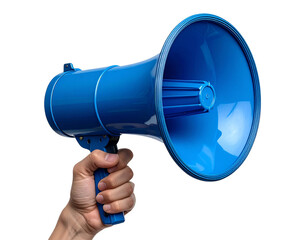 Side View of Hand Raising Blue Megaphone Upward, Dynamic Angle, PNG Isolated