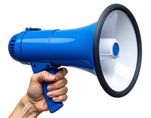 Hand Holding Blue Megaphone in Upright Position, Front View, Transparent PNG