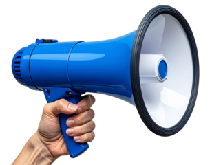 Hand Holding Blue Megaphone in Upright Position, Front View, Transparent PNG