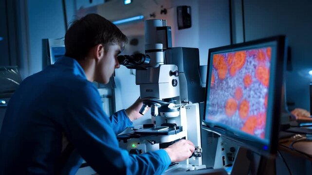 Medium shot of an engineer adjusting the electron microscope settings to capture highresolution images of metal grain boundaries and inclusions