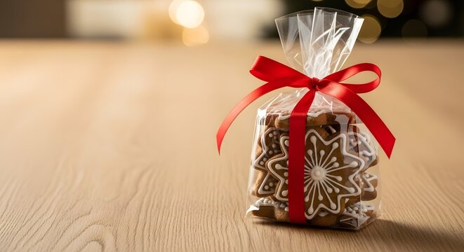 Delicious gingerbread cookies packaged with a red ribbon on a wooden table with festive lights bokeh for a holiday takeaway concept and homemade treat - Powered by Adobe