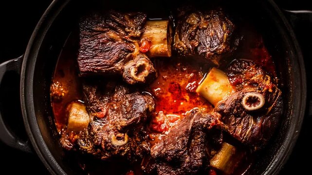 Braised Beef Ribs Simmering in Rich Red Sauce in a Dutch Oven.