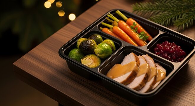 Delicious holiday meal with roasted turkey, gravy, brussels sprouts, carrots, and cranberry sauce in a black takeaway tray for holiday takeaways concept - Powered by Adobe