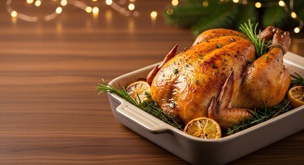 Whole roasted chicken garnished with herbs and lemon in a baking dish on a wooden table for a festive holiday takeaway meal concept