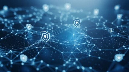 Digital network protection abstract visualization showing data security shields distributed across a connected geometric plexus structure - Powered by Adobe