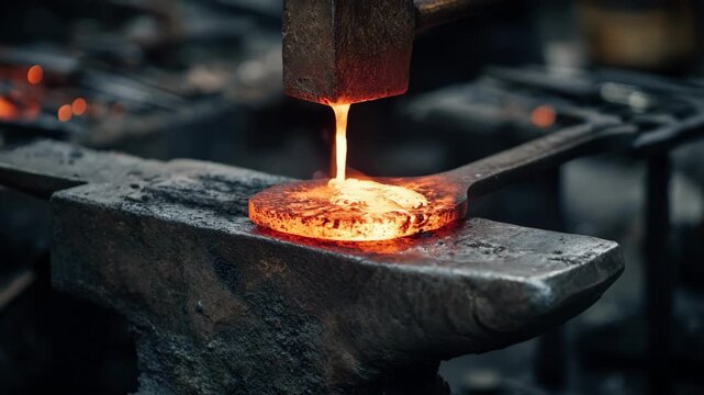 Medium shot of flat steel blank being heated and smoothly hammered on an anvil in a metal workshop.