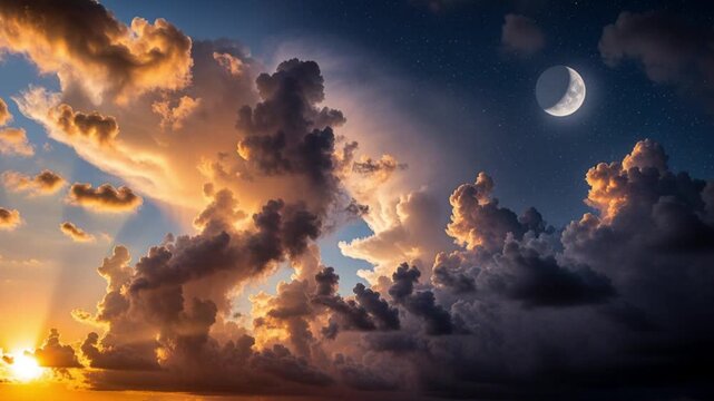 Stunning sunset with dramatic clouds morphing into starry night with crescent moon