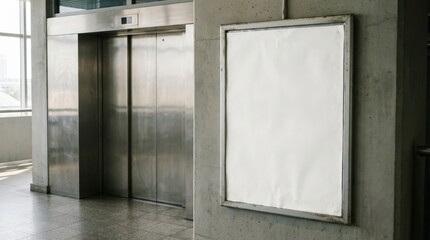 Blank billboard next to an elevator in a modern building.