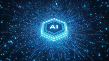 Glowing blue hexagonal Artificial Intelligence chip symbol surrounded by digital circuit lines illustrating complex data processing technology - Powered by Adobe